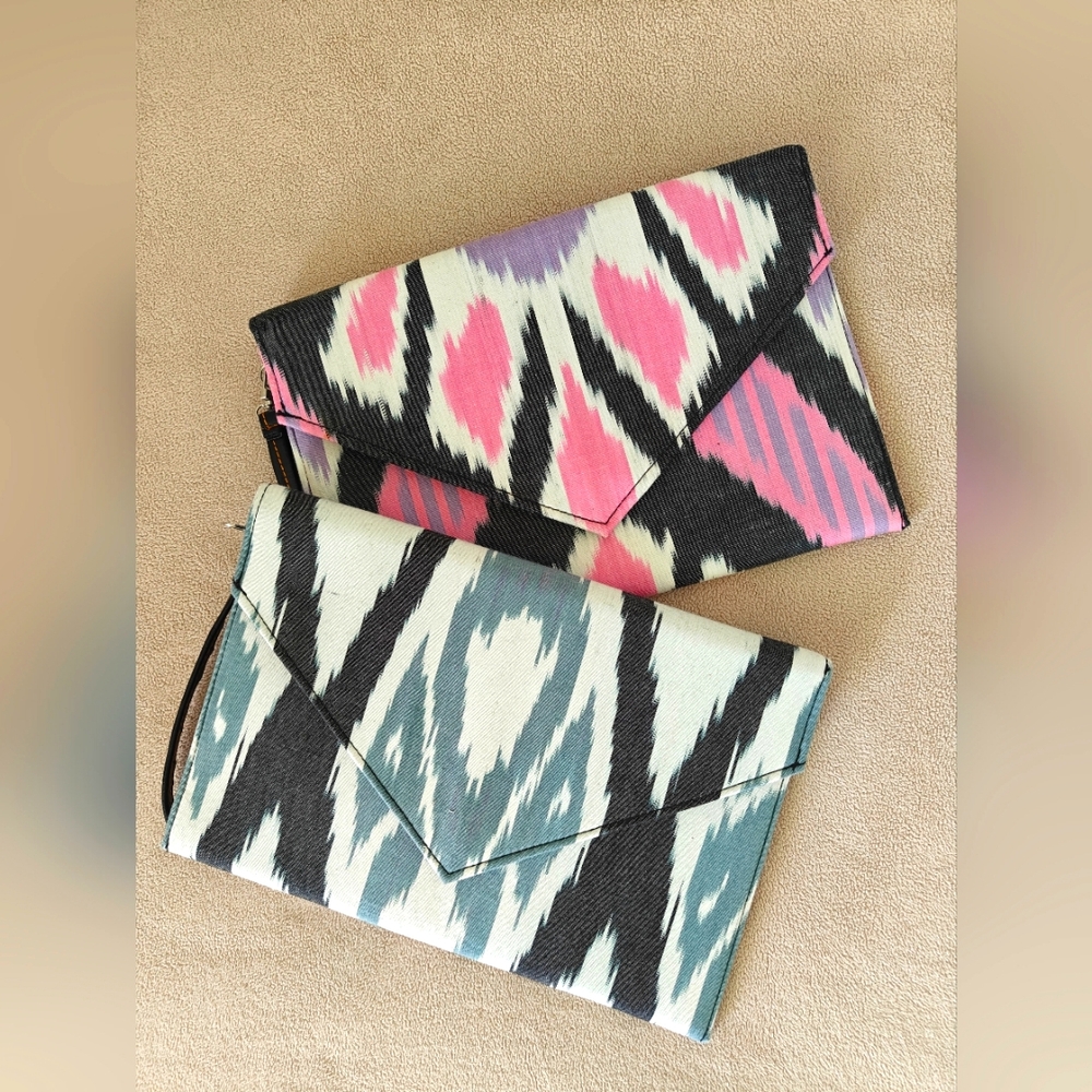 Unusual ikat clutches - bags with blue (black) and pink (black) collaboration